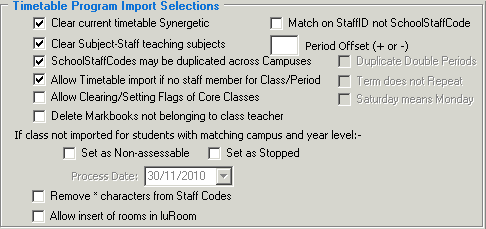Timetable Import/Export Definition (Timetable Program Import Selections)