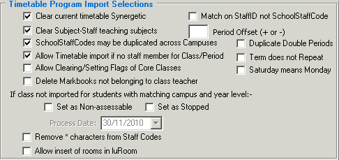 Timetable Import/Export Definition window (Timetable Program Import Selections area, WinSchool)