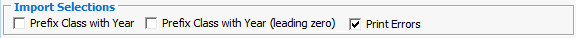 Timetable Import/Export Definition window (Import Selections area)