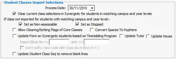 Timetable Import/Export Definition (Student Classes Import Selections area)
