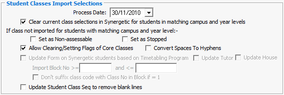 Timetable Import/Export Definition - PrimaryTime (Student Classes Import Selections area)