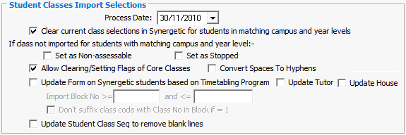 Timetable Import/Export Definition window (Student Classes Import Selections area, Time Chart 2000)
