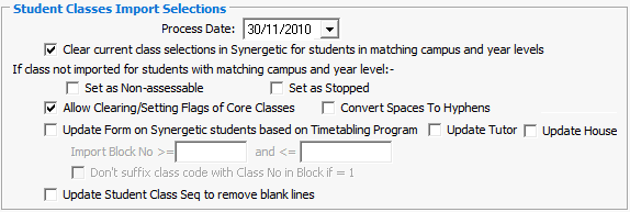 Timetable Import/Export Definition - Timetabler (Student Classes Import Selections area)