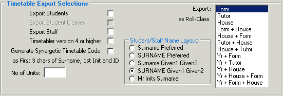 Timetable Import/Export Definition window (Timetable Export Selections, Timetabler)