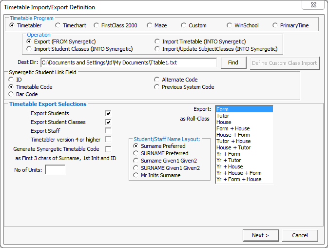 Timetable Import/Export Definition window