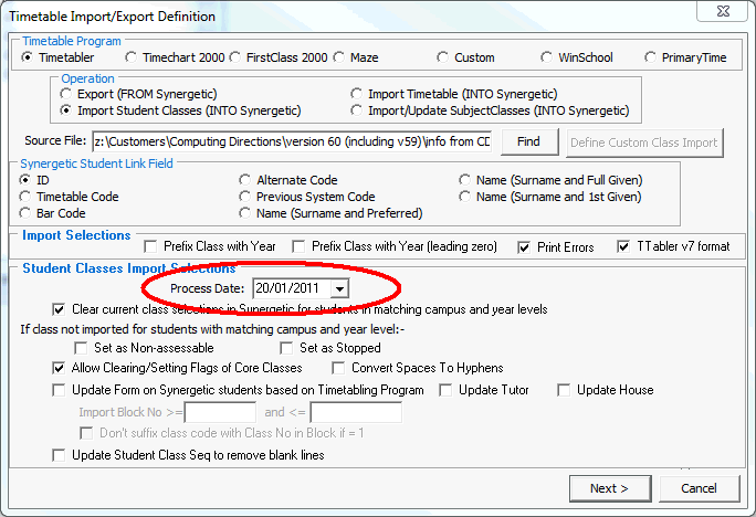 Timetable Import/Export Definition window (Process Date field)
