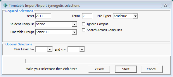 Timetable Import/Export Synergetic Selections window
