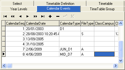 Timetable Maintenance - Calendar Events tab (cut down)