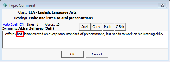 Topic Comment window (spelling example)