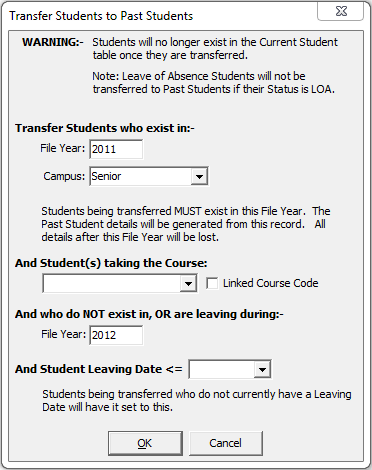 Transfer Students to Past Student window