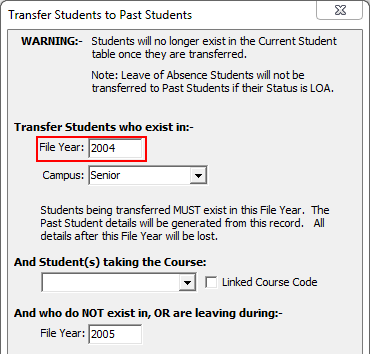 Transfer Students to Past Students window (cut down)
