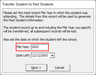 Transfer Student to Past Students window