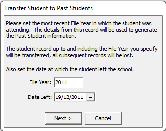Transfer Student to Past Students window