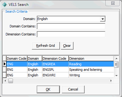 VELS Search window