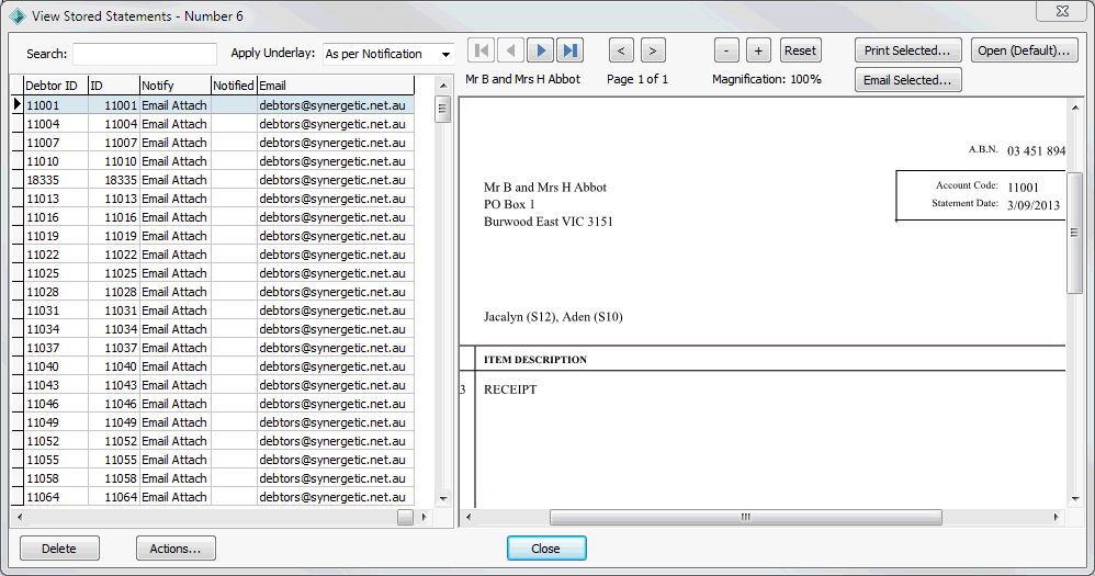 View Stored Statements window