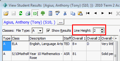 View Student Results window