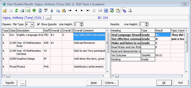 View Students Results window