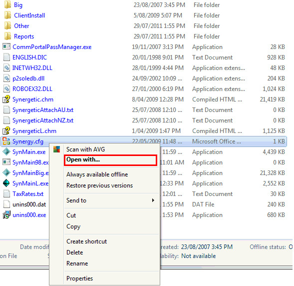 Windows Explorer - open Synergycfg