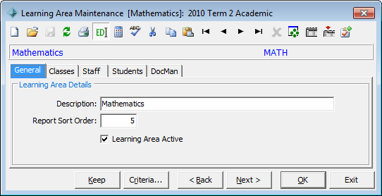Learning area maintenance - general tab (portal)