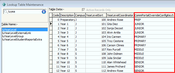 Lookup Table Maintenance - luYearLevel (CommPortalOverrideKey5 highlighted)