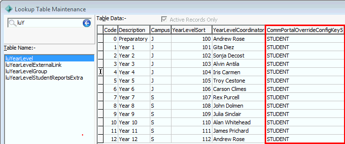 Lookup Table Maintenance - luYearLevel (CommPortalOverrideKey5 highlighted, Student example)