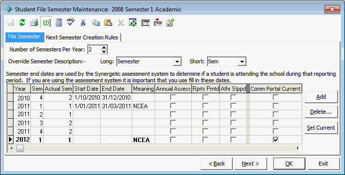 Student File Semester Maintenance - File Semester tab