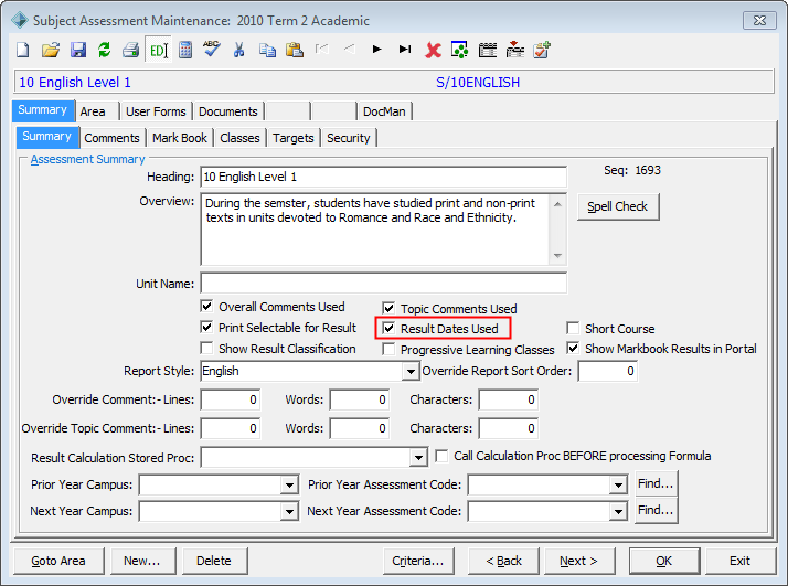 Subject Assessment Maintenance - Summary tab - Summary sub-tab (results date highlight)