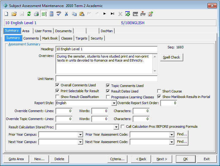 Subject Assessment Maintenance - Summary tab - Summary sub-tab