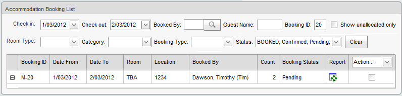Accomodation Booking List (synweb, making a booking example, summary)
