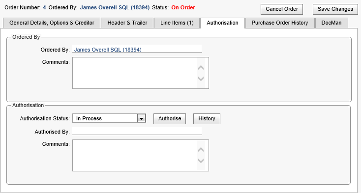 Purchase Orders Maintenance - Authorisation tab (synweb, cut down)