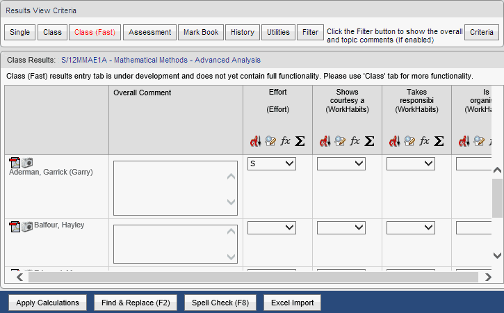 Results Maintenance - Class (Fast) window (synweb, cut down)