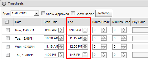Staff Kiosk - Timesheet window(cut down, end time highlighted)