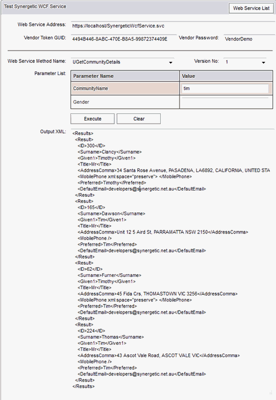 Test Synergetic WCF Service window (with Output XML, synweb)