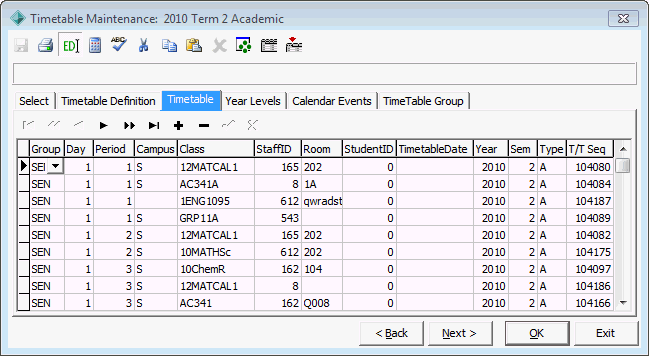 Timetable Maintenance - Timetable tab