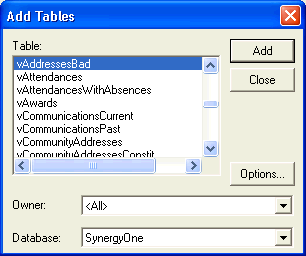 Add Tables window