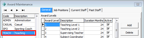 Award Maintenance - General tab (cut down,Awad selector highlighted)