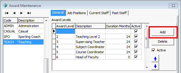 Award Maintenance - General tab (cut down,Award level Add highlighted)