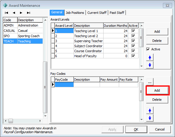 Award Maintenance - General tab (Pay Codes area Add highlighted)