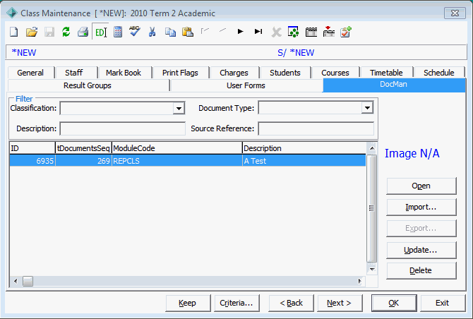 Class Maintenance - DocMan tab