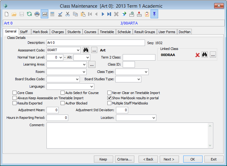 Class Maintenance - General tab