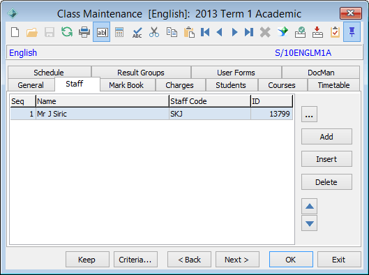 Class Maintenance - Staff tab