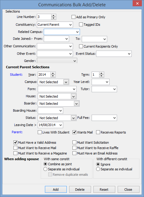 Communications Bulk Add/Delete window (current parent selections)