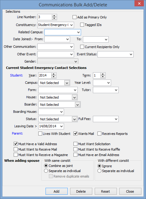 Communications Bulk Add Delete (Current Student Emergency Contact selections)