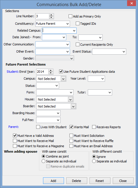 Communications Bulk Add/Delete window