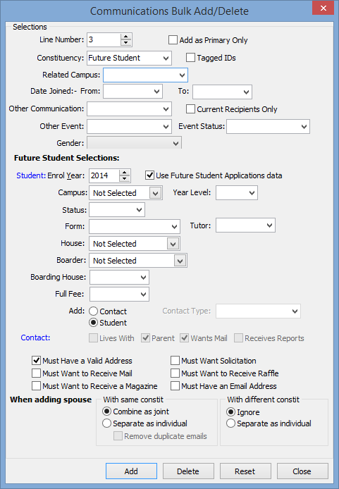 Communications Bulk Add/Delete window