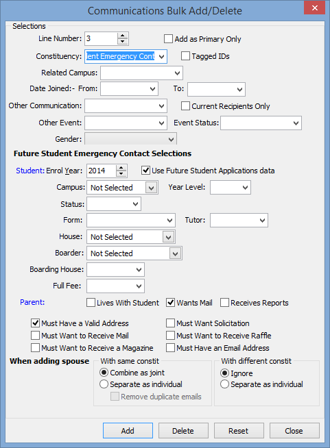 Communications Bulk Add Delete (Future Student Emergency Contact selections)