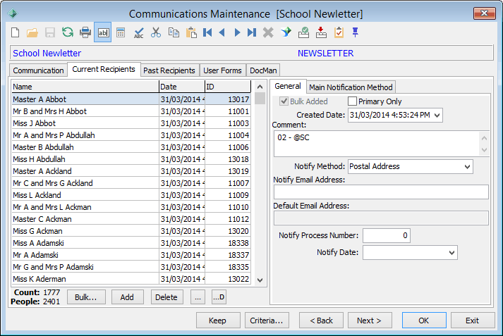 Communications Maintenance - Current Recipients tab