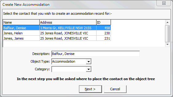Create New Accommodation window
