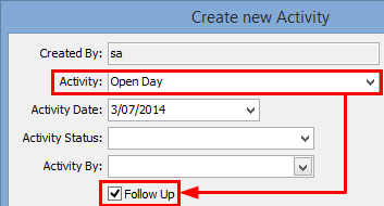 Create New Activity window (cut down)
