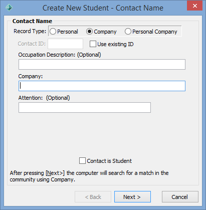 Create New Student - Contact Name window (Company selected)